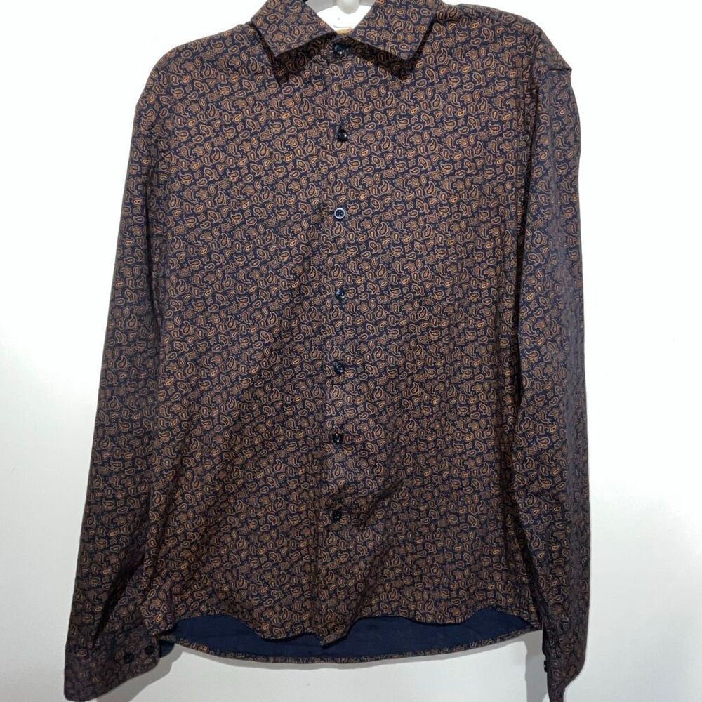 Consequence Mens Yellow Navy Paisley Collared Long Sleeve Button Up Shirt Medium